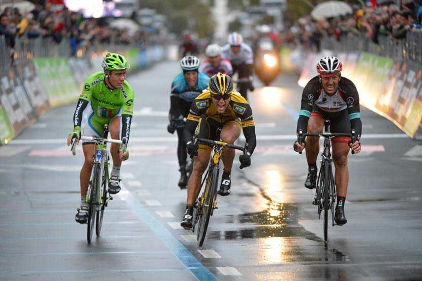 Gerald Ciolek beats Fabian Cancellara and Peter Sagan in the 104th edition of Milan-San Remo. Photo: Yuzuru Sunada