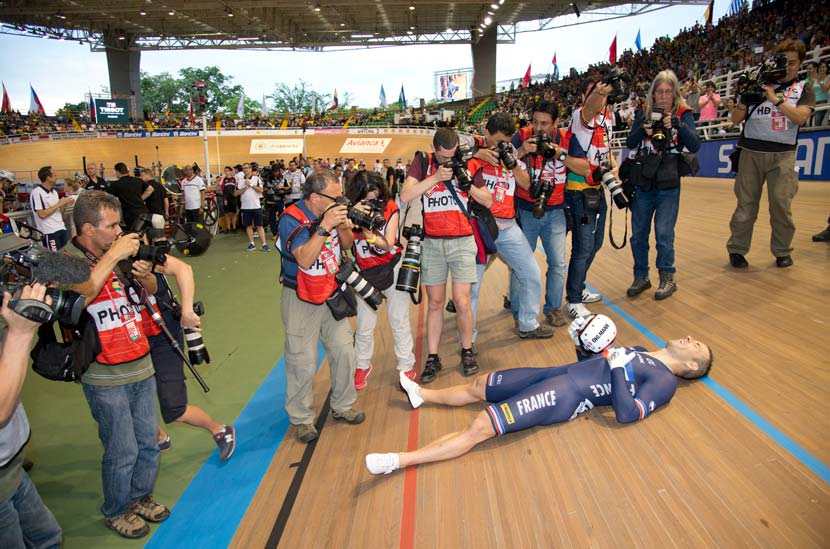 François Pervis won the 'kilo', keirin and sprint in Cali. He recognises his achievement after his third world championship victory of 2014...  Photo: Graham Watson