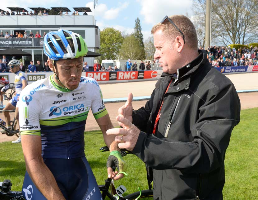 The analysis begins. Hayman and Shayne Bannan at the finish in Roubaix. Photo: Graham Watson