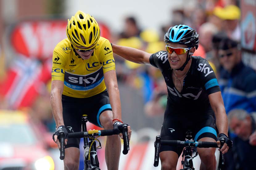 Finishing at Alpe d'Huez in 2013: Froome and Porte side by side. Photo: Yuzuru Sunada