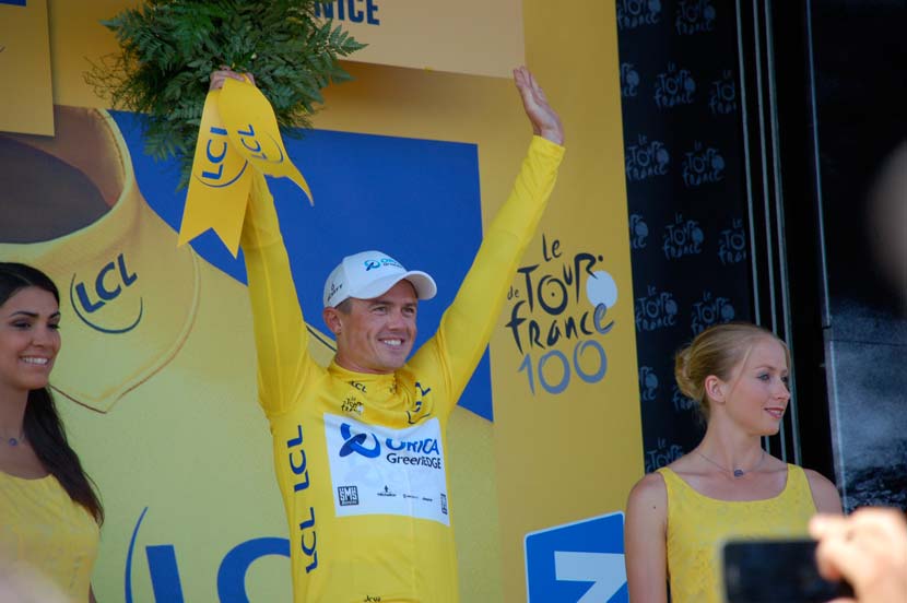 Gerrans... his first maillot jaune. Photo: Rob Arnold