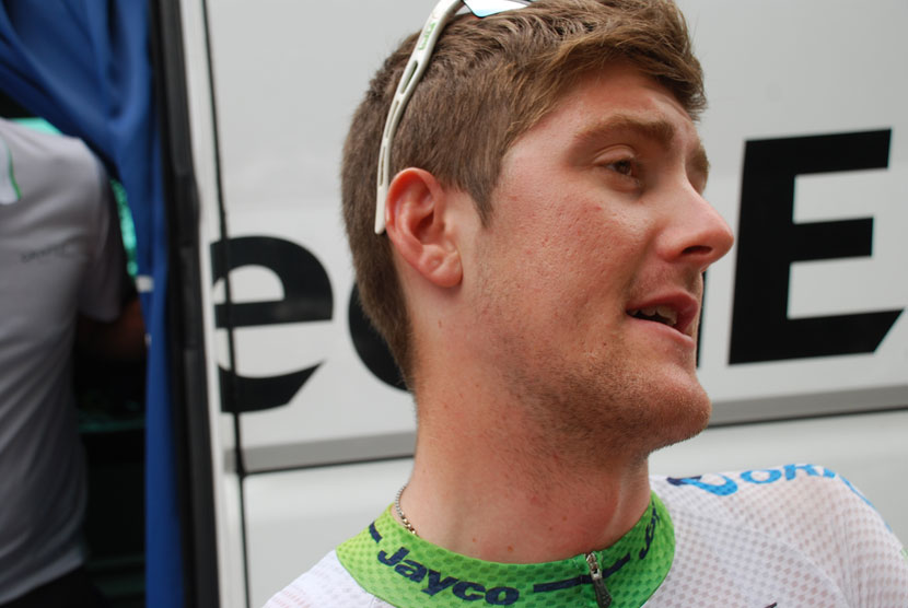 Luke Durbridge outside the Orica-GreenEdge bus in Pau just before the race to Hautacam was about to commence.  Photo: Rob Arnold