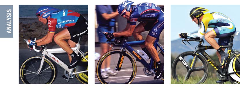 Time trial through the ages… Armstrong’s TT position has always been under scrutiny to ensure that he achieves maximum efficiency. During his years at Motorola he wasn’t considered a specialist in the discipline but he was improving. He won stage five of Paris-Nice in 1995 and had good form early in the season but he was outside the top 10 for the TT on the final day (left) and finished 35th overall. At the start of the 1999 Tour (centre) he won the 6.8km prologue in a time that was 10 seconds faster than Miguel Indurain on the same course six years earlier.. In the year of his next comeback Lance admitted he found it awkward to find the right position on the bike. Still, in the Tour of California (right) there were signs of the sort of form that helped him claim 10 individual time trials in the Tour de France during his winning years.