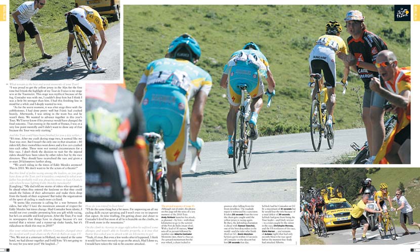 The pivotal sequence of stage 15. Although out of order, the photos on this page tell the story of a key moment of the 2010 Tour. Andy Schleck launches his attack, as planned – by him – with three kilometres to go to the summit of the Port de Balès (main shot). With a lead of 50 metres, ‘Vino’ sets off in pursuit followed by number-one Alberto Contador. Moments later, there’s a hiccup. An upward momentum for the rear wheel, a chain locked in position after falling from the front derailleur. The roadside repair is witnessed by a spectator. It takes 28 seconds from the time the chain gets caught until the yellow jersey is racing again. By then, the defending champion is ahead with Samuel Sanchez, one of the best descenders in the world –and the rider who finish third on GC, Denis Menchov.  Schleck got to within 22 seconds of Contador on the descent but lost 39 seconds that day.  Schleck had led Contador on GC by a maximum of 41 seconds but he would lose the title because of a total deficit of 39 seconds. Schleck had gone from being the Tour leader – and likely winner – to a rider caught by the oldest in the race, Christophe Moreau, and the US revelation of the race, Chris Horner… and remants of Astana (right) that had only recently blown the race apart before the moment that Andy  had attacked Alberto. 