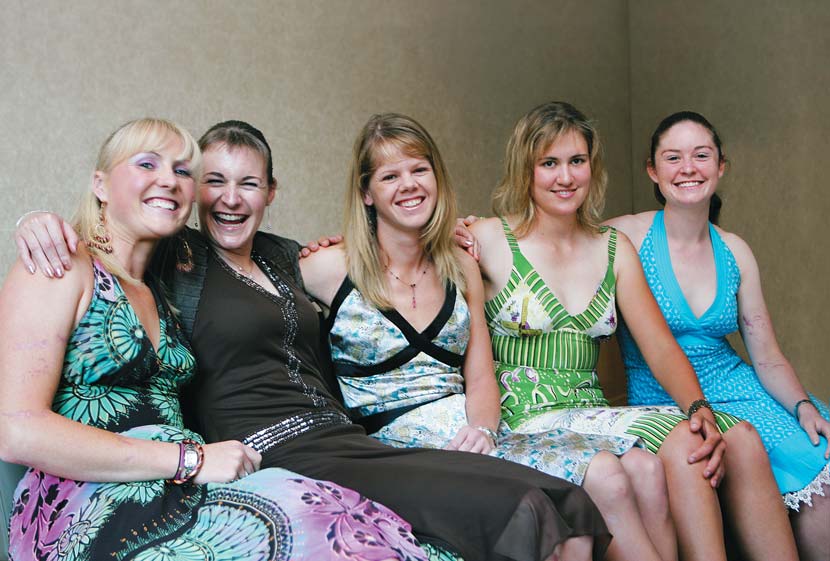 The five women who survived the accident that claimed Amy Gillett were reunited on the night of the 2005 Australian Cyclist of the Year awards. From left to right: Katie Brown, Luise Yaxley, Lorian Graham, Alexis Rhodes and Kate Nichols. Photo: John Veage