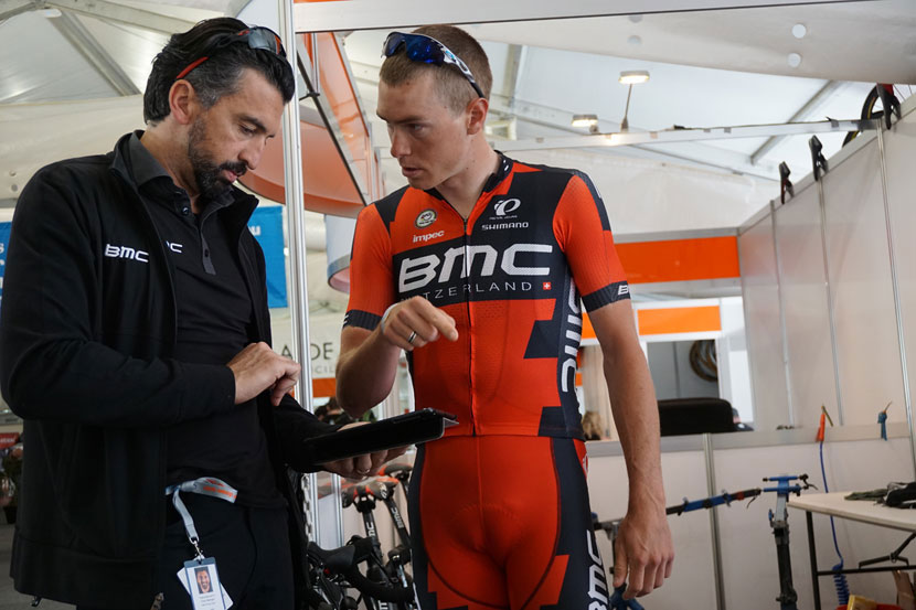 Rohan Dennis consults Fabio Baldato about where the BMC team will ride for a training session on the Saturday before the Tour Down Under. Photo: Rob Arnold