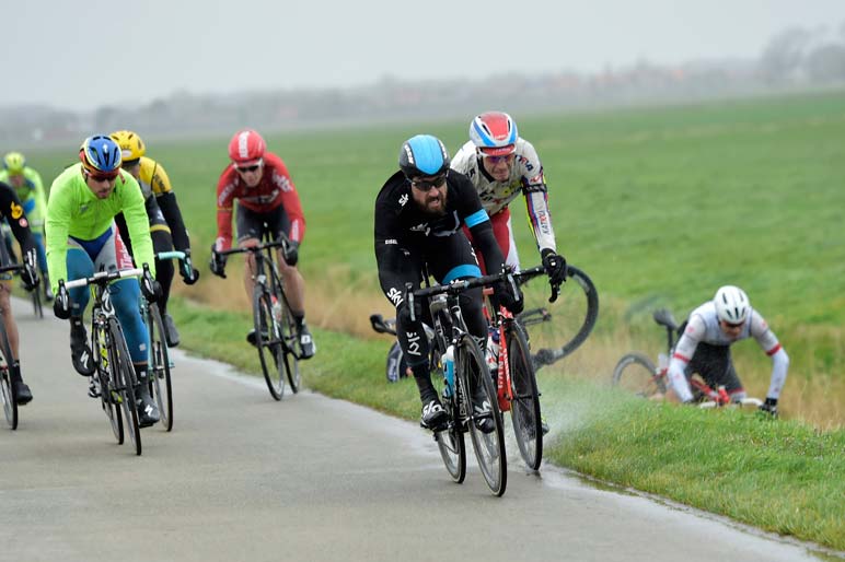 Eisel admits that he was unable to stop himself from sliding across the road in the extreme wind that blew Geert Steegmans into the canal. Photo: Graham Watson