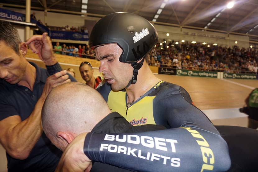 In February 2015, Bobridge attempted to break the hour record with the support of the his NRS team, Budget Forklifts. He fell short of the mark set by Matthias Brändle several months earlier and declared the effort so extreme that it was "the closest I've come to dying without being dead". Photo: Rob Arnold