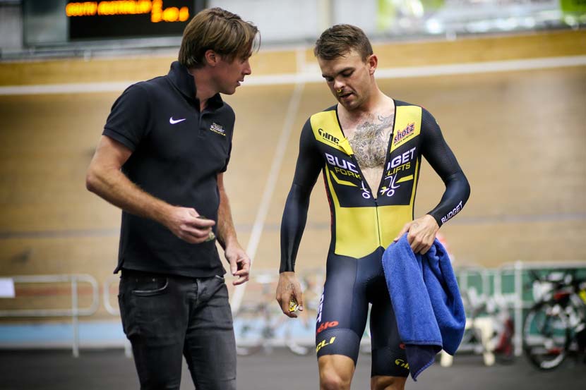 Cameron Watt from the Budget Forklifts team and Bobridge before the attempt on the hour record in February 2015. Photo: Mark Gunter