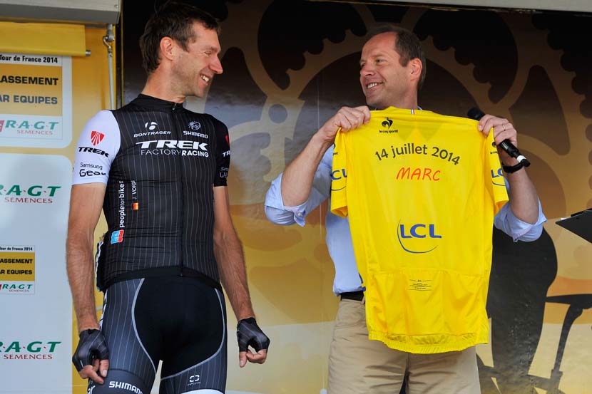 Voigt received a collection of special-issue yellow jerseys on 14 July 2014, one for each of his six children during what would be his final appearance in the Tour de France. Photo: Graham Watson