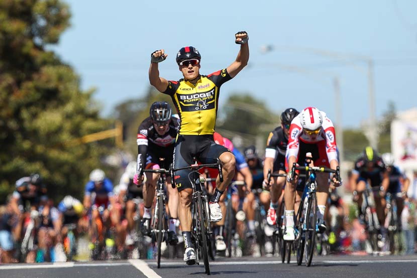 Scott Sunderland celebrates victory in the 100th Melbourne to Warrnambool.  Photo: Con Cronis 