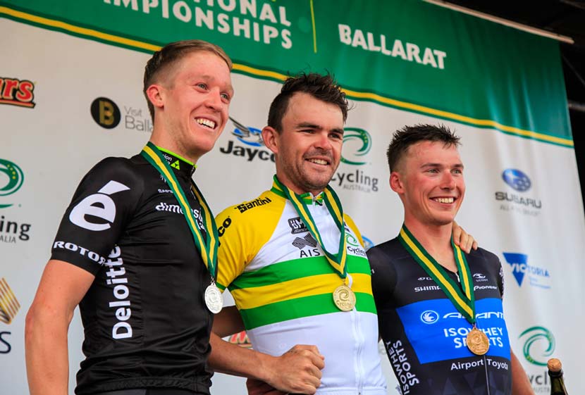 Cameron Meyer, Jack Bobridge and Pat Lane. The podium.  Australian national championships – elite men's road race. Photo: Jarrod Partridge