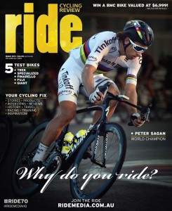RIDE 70 (volume 4 of 2015). Featuring five bike tests: Trek Madone 9.9, Specialized Venge ViAS, the Pinarello Dogma F8, Fuji SL1.1 and Giant Defy...