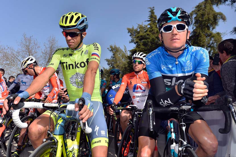 Alberto Contador and Geraint Thomas before the final stage of the Volta ao Algarve – the Spaniard would win the final stage while the Welshman took the overall title for a second successive year. Photo: Graham Watson