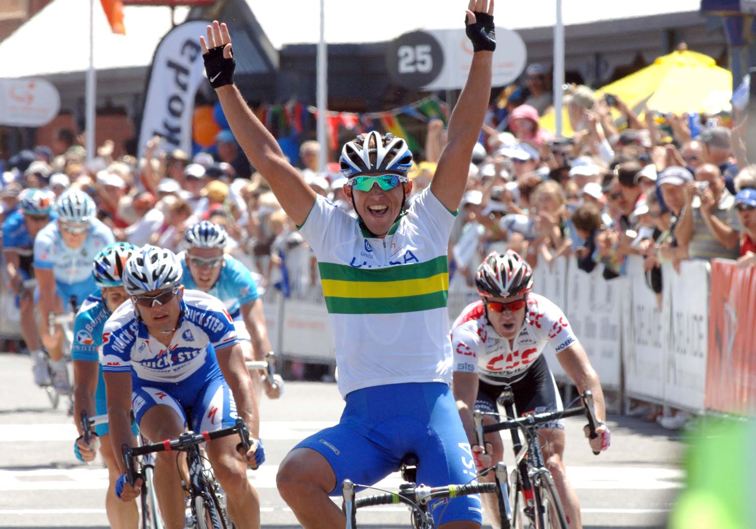 Allan Davis contested every Tour Down Under from when he was an 18-year-old in 1999 through to 2009 when he won the title. Here he wins a stage in 2008 as part of the composite UniSA team. Photo: Graham Watson