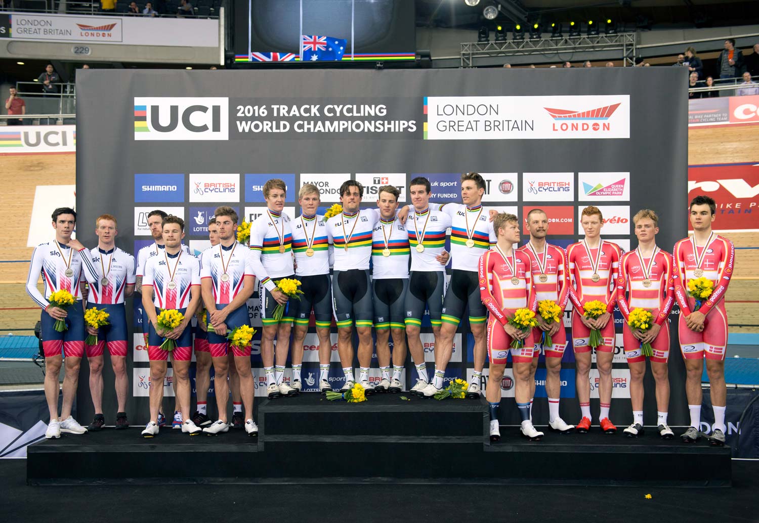Silver and gold... Great Britain and Australia on the podium at the world championships earlier this year. Photo: Graham Watson