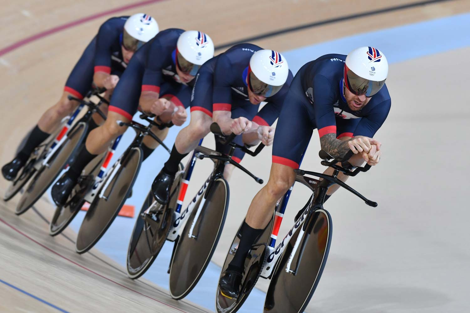 Bradley Wiggins on the front during what became the second fastest team pursuit ever ridden. Photo: Graham Watson
