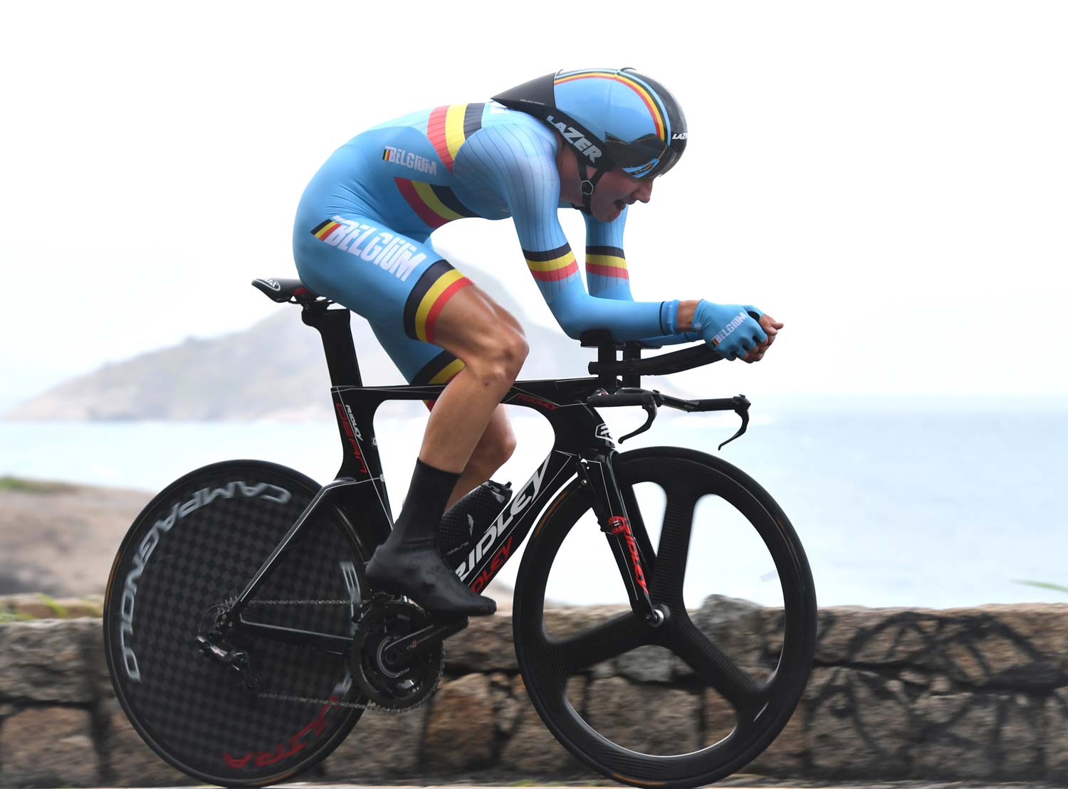 Tim Wellens was in the first wave of starters in the Olympic TT. Lazer helmets have created some innovative new shapes and we can expect to see new products on the track but the roadies are using designs seen before the Rio Games. Photo: Graham Watson